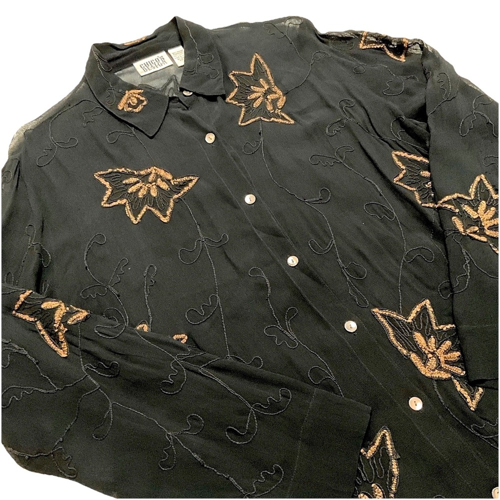 CHICOS Womens Button TOP Long Sleeve BLACK Brown FLORAL Silk Size 1 Sm (8)